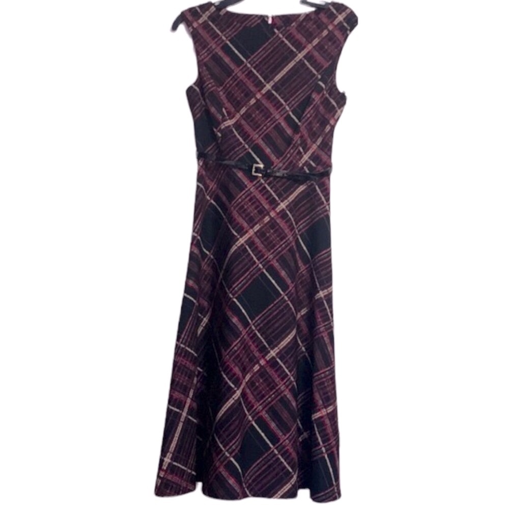 Tommy Hilfiger Burgundy Black Plaid Fit & Flare Belted Midi Dress NWT - Picture 3 of 11